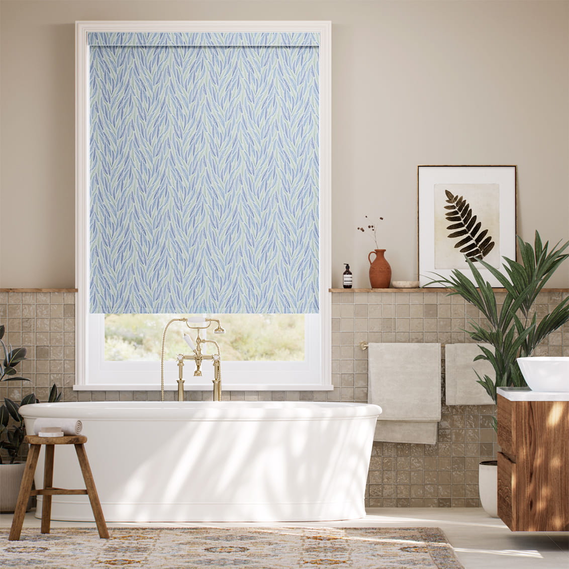 Falling Leaves Blue & Aqua Roller Blind