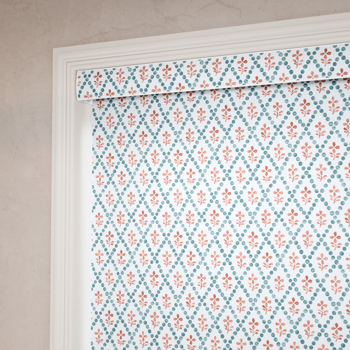 ２Floral Trellis Aqua & Spice Roller Blind