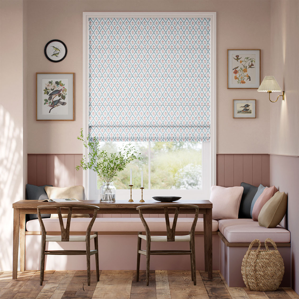 ２Floral Trellis Aqua & Spice Roman Blind