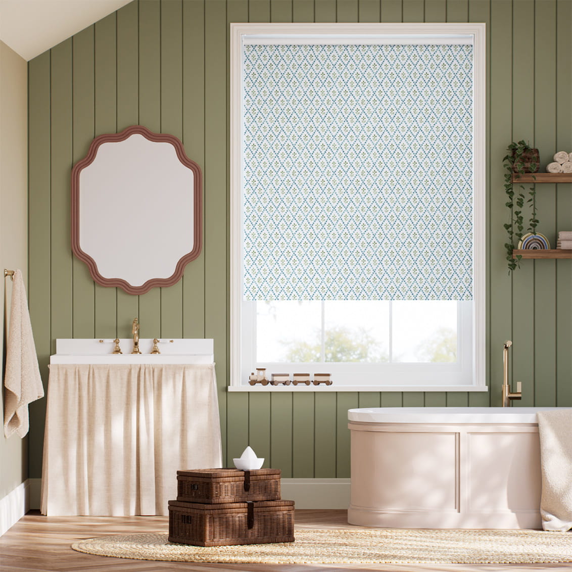 ２Floral Trellis Blue & Green Roller Blind