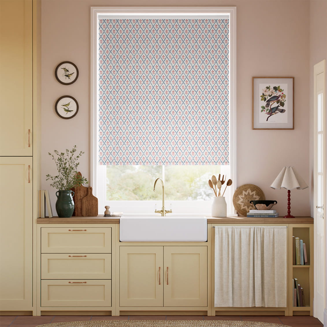 ２Floral Trellis Blue & Red Roller Blind