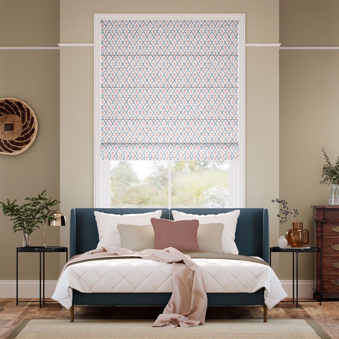 ２Floral Trellis Blue & Red Roman Blind