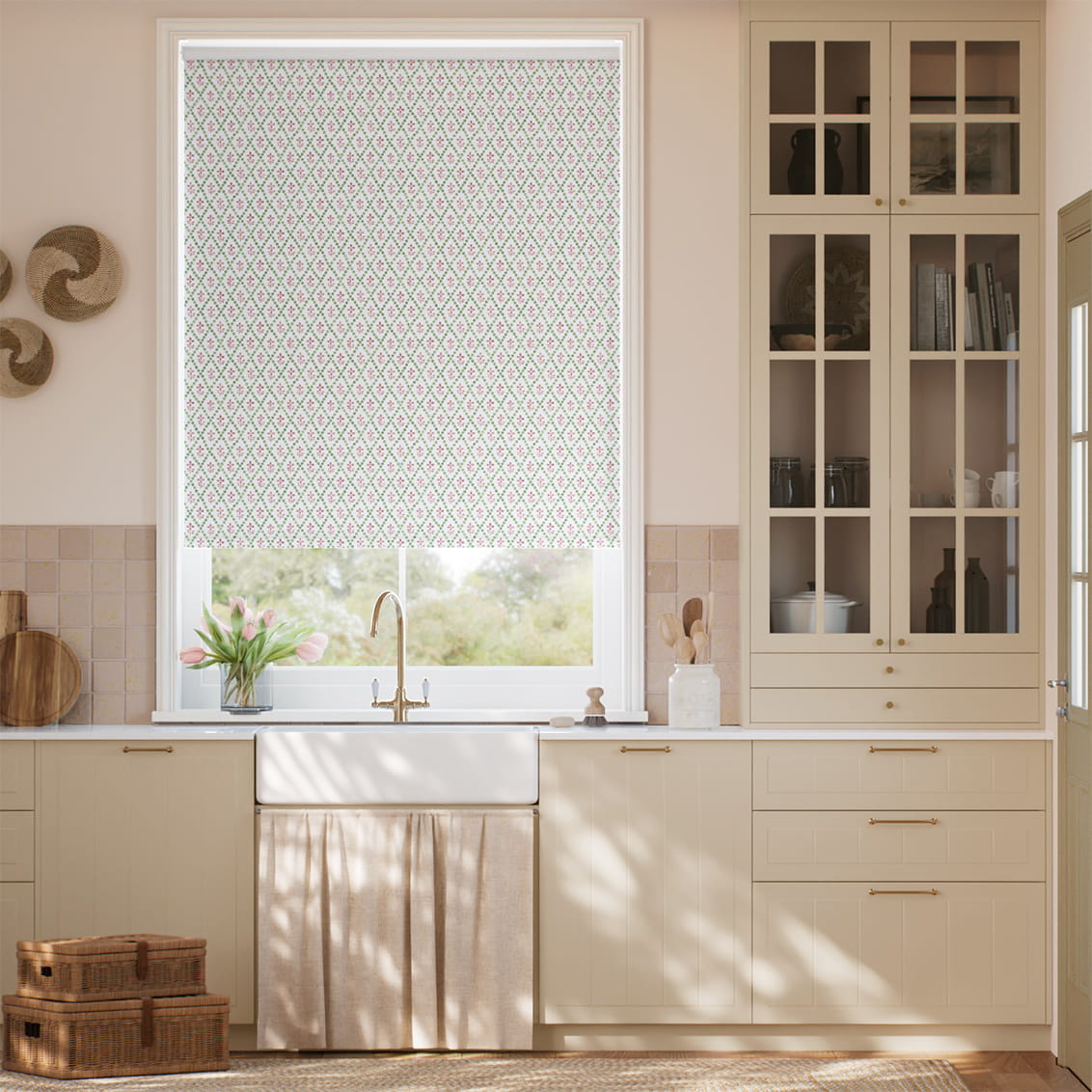 ２Floral Trellis Green & Blush Roller Blind