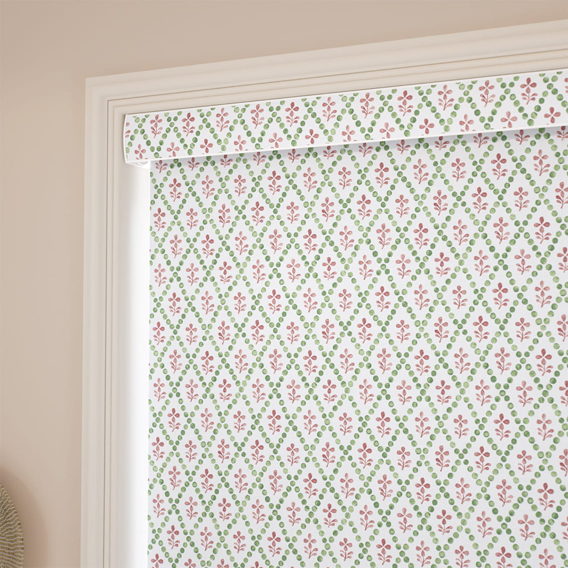 ２Floral Trellis Green & Blush Roller Blind