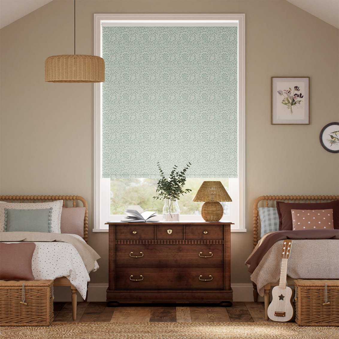 ２Flower Block Aqua Roller Blind