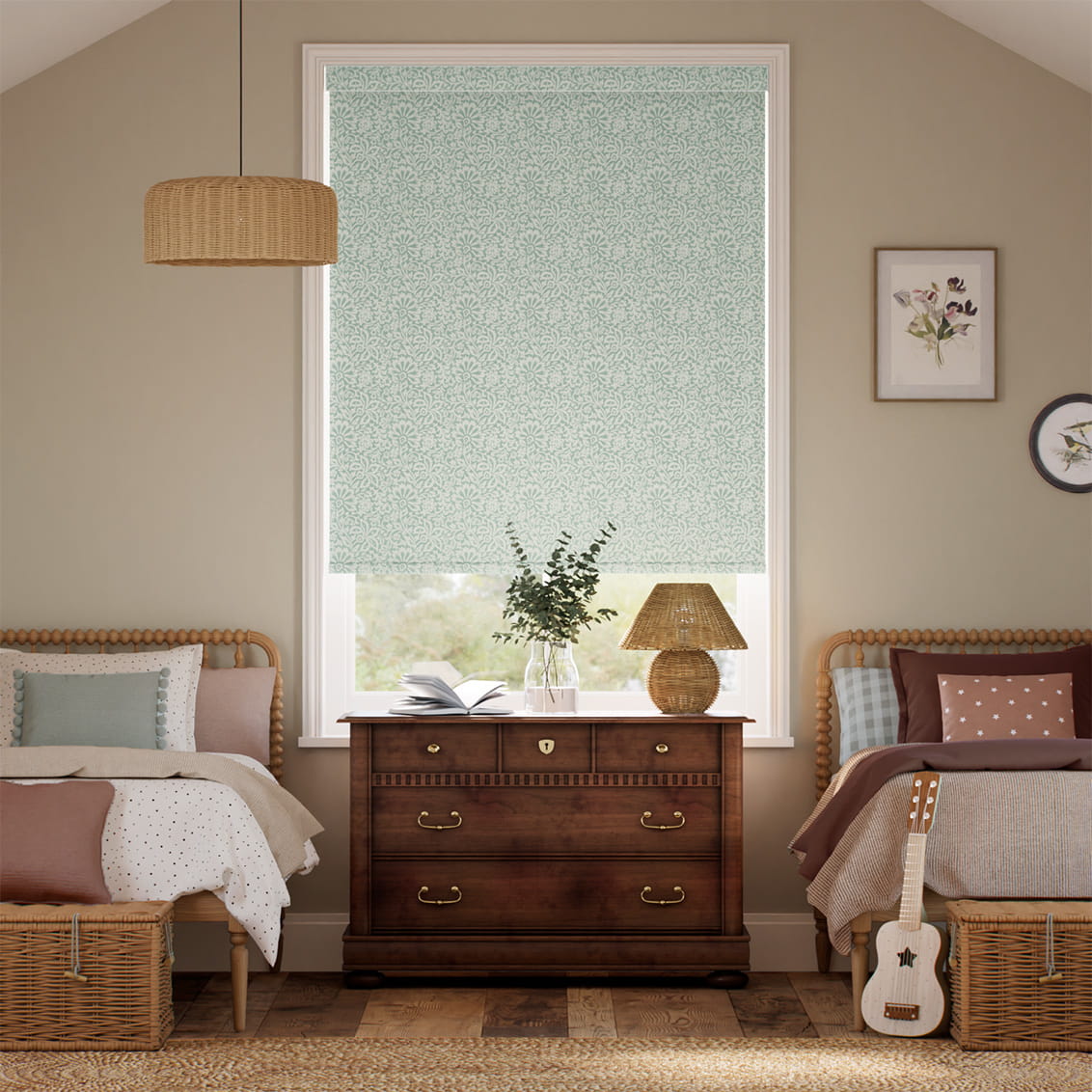 ２Flower Block Aqua Roller Blind