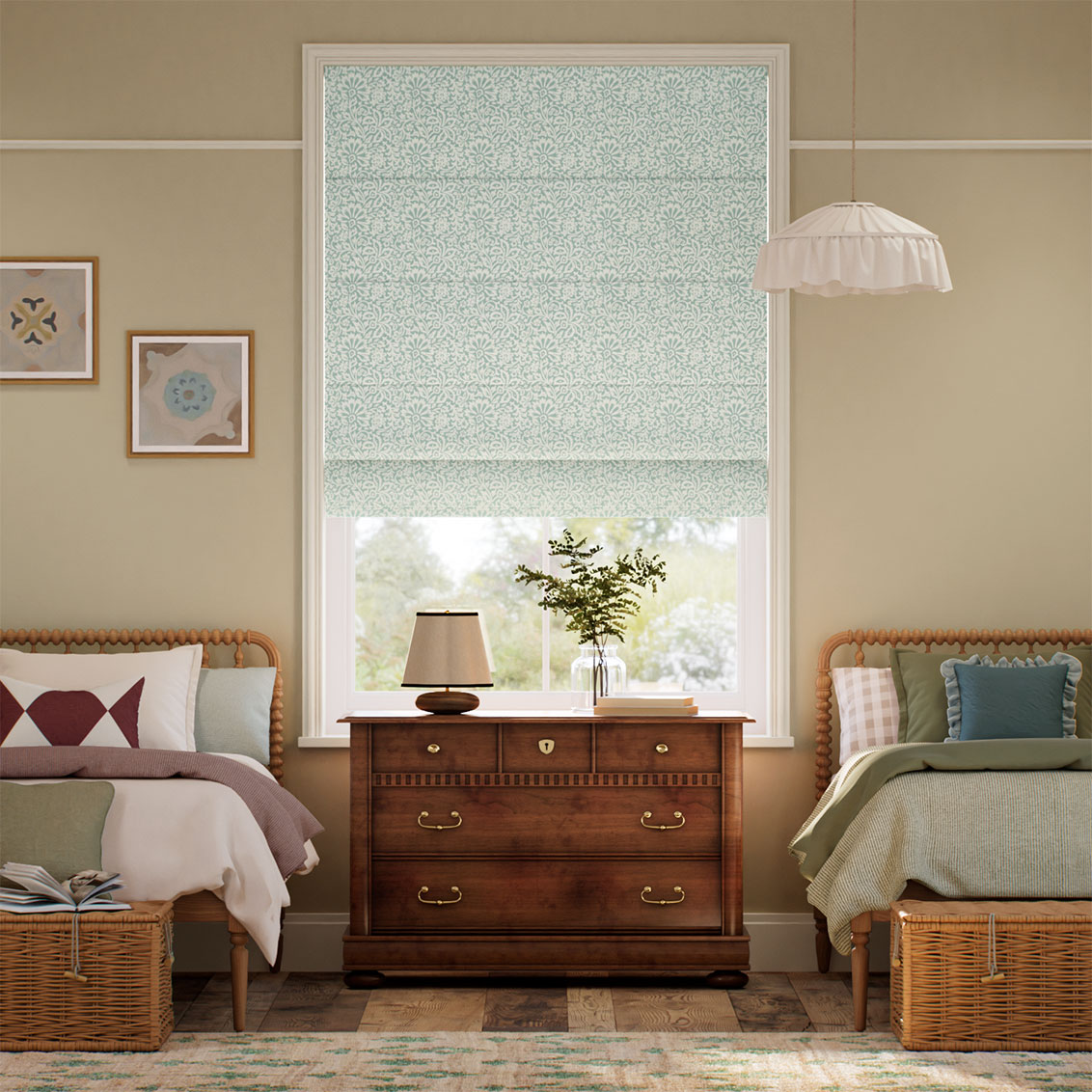 ２Flower Block Aqua Roman Blind