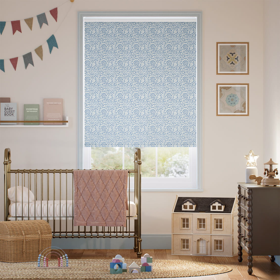 ２Flower Block Blue Roller Blind