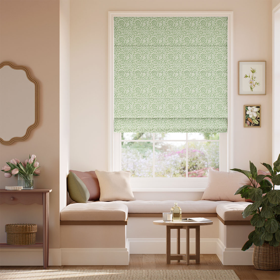 ２Flower Block Green Roman Blind