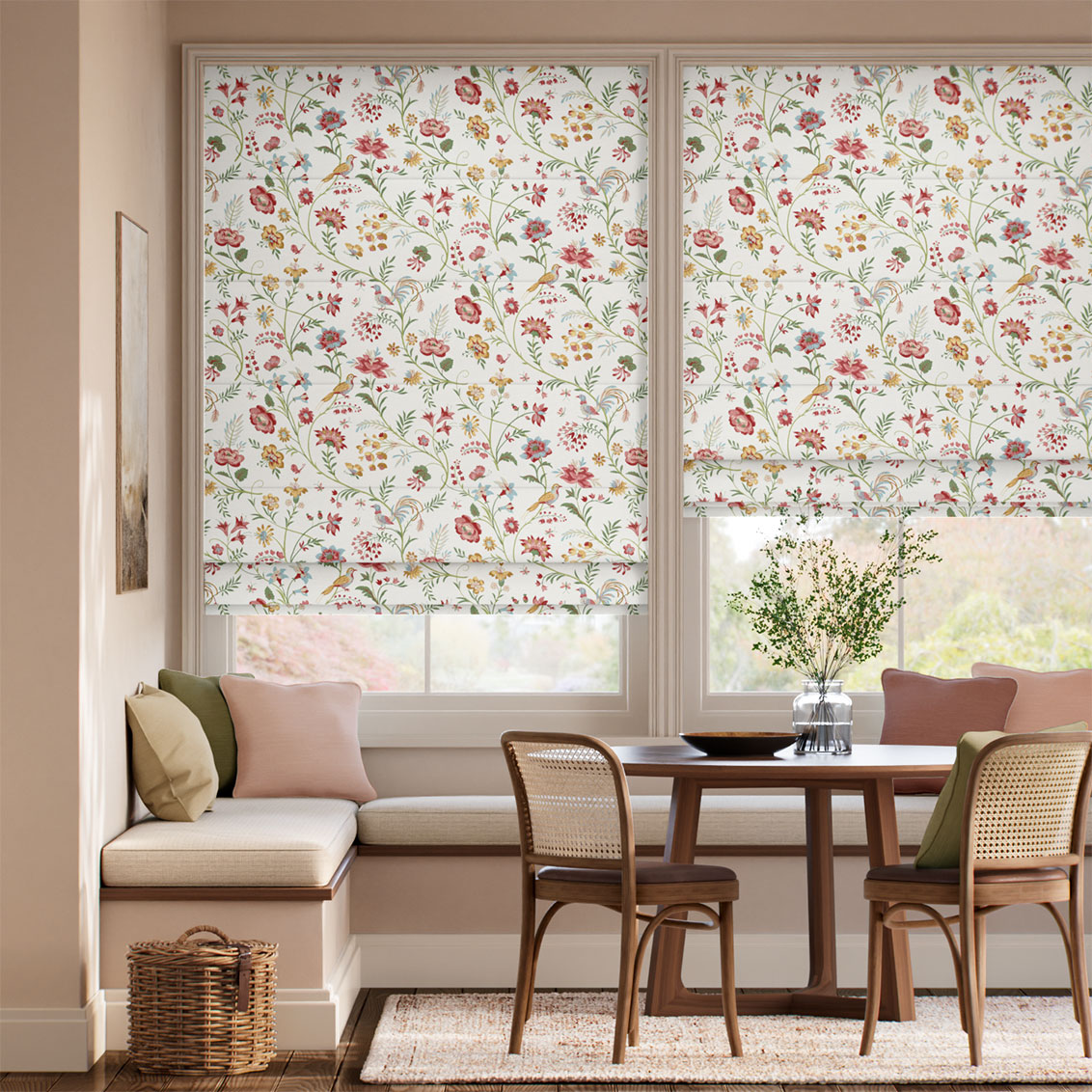 ２Songbird Green, Blush & Ochre Roman Blind