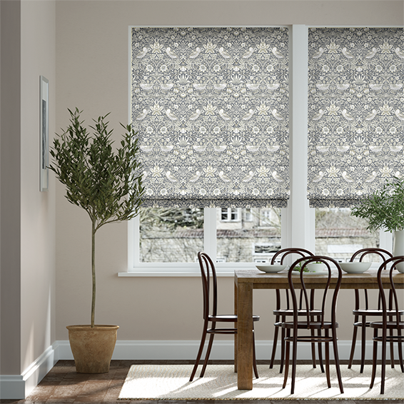 【つっぱり式】ウィリアム・モリス いちご泥棒 マナーグレー ローマンシェード